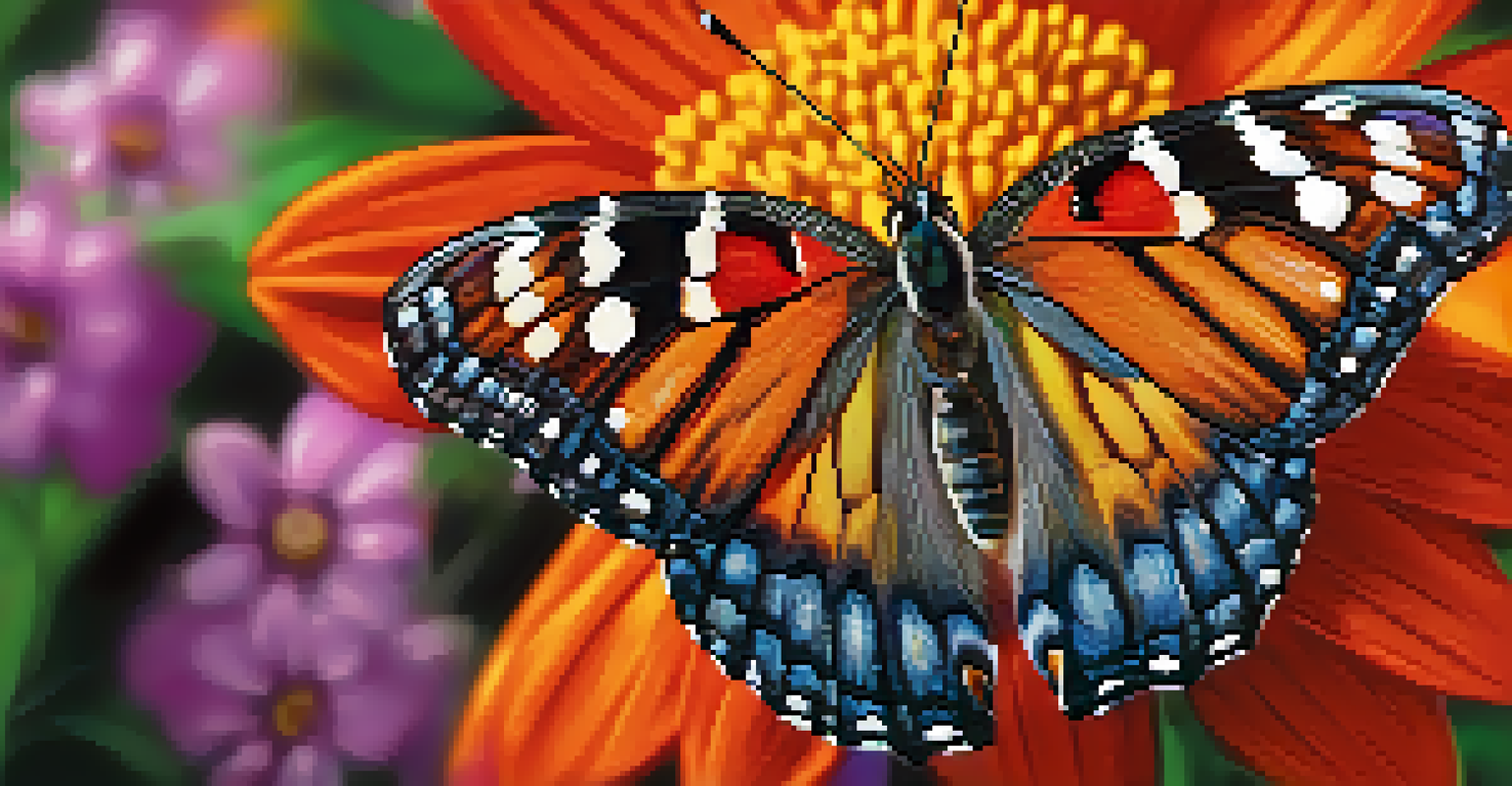 A close-up of a colorful butterfly on a flower, showcasing detailed patterns and vibrant colors.