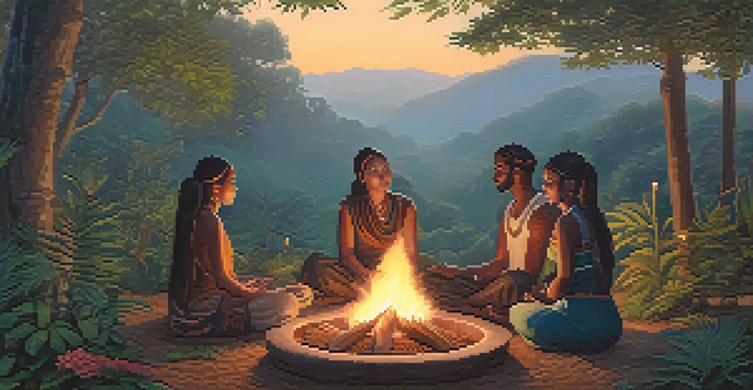 A group of diverse individuals gathered around a small fire in a forest, with warm light illuminating their faces, showcasing expressions of mindfulness and connection.