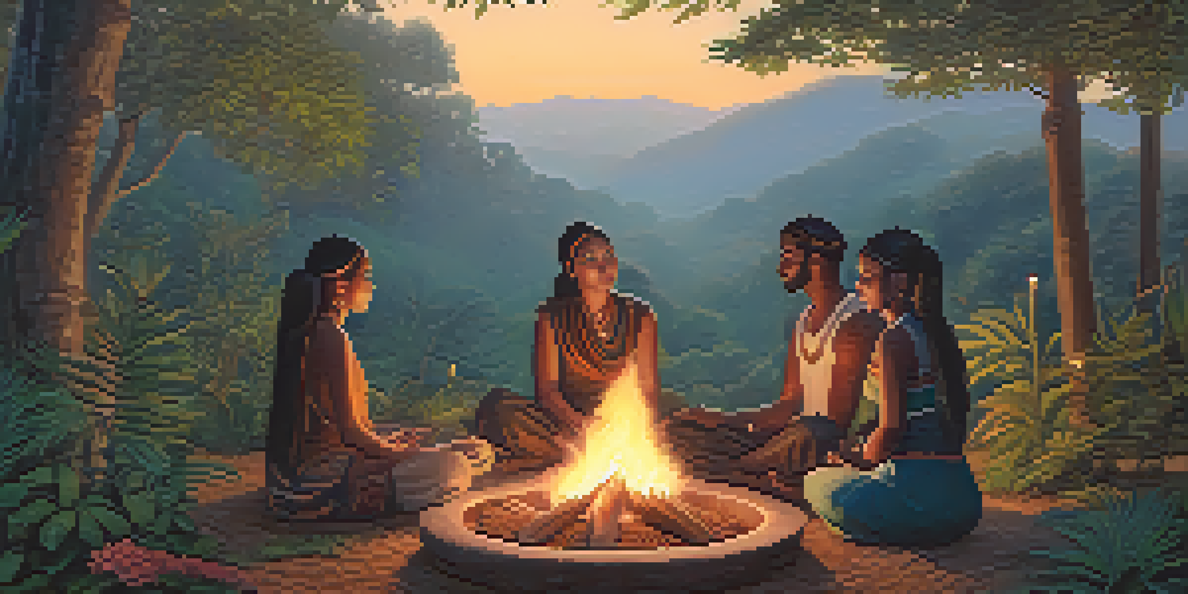 A group of diverse individuals gathered around a small fire in a forest, with warm light illuminating their faces, showcasing expressions of mindfulness and connection.
