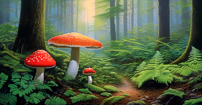 A peaceful forest at dawn with sunlight shining through trees and colorful mushrooms among ferns.