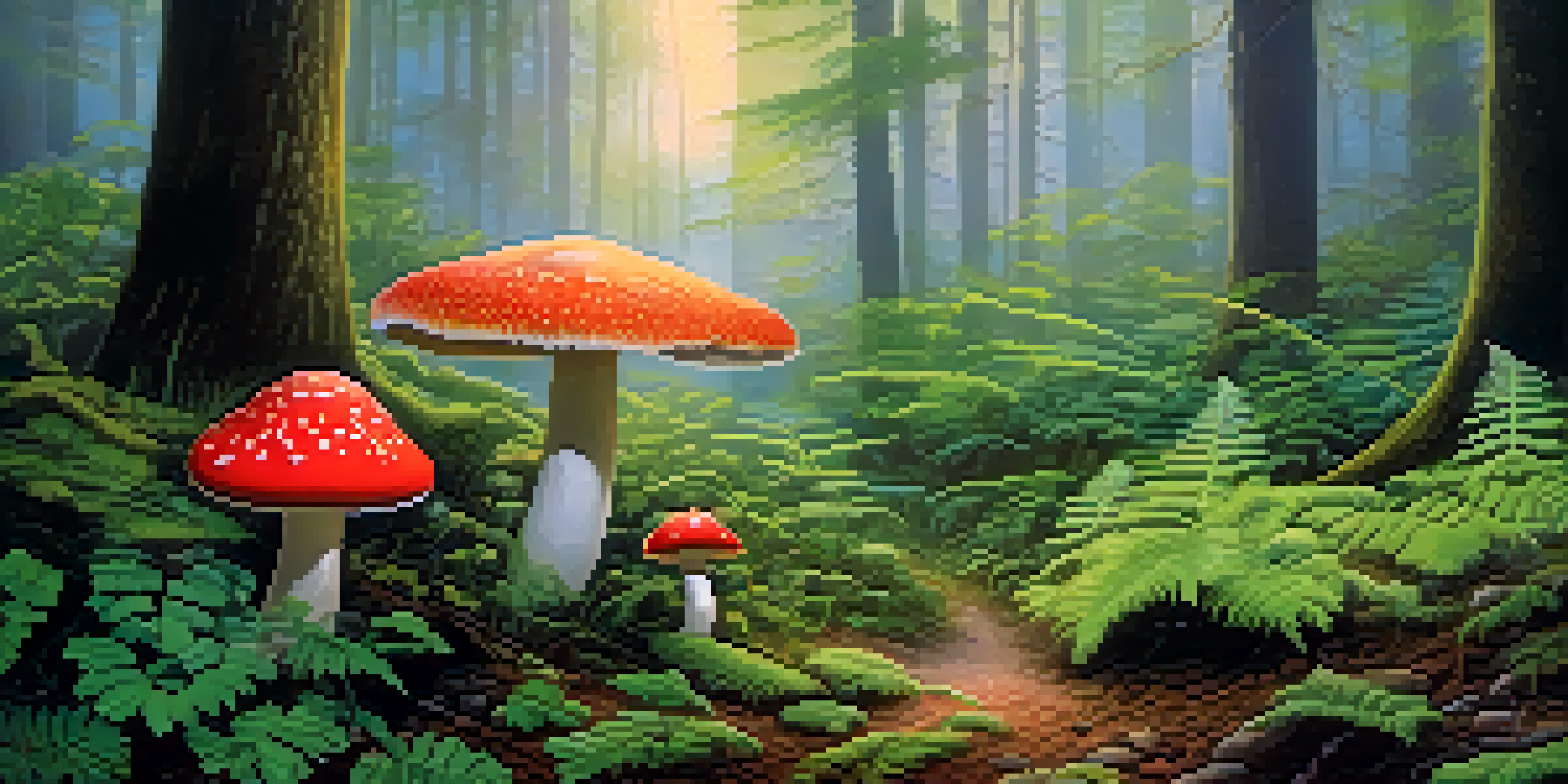 A peaceful forest at dawn with sunlight shining through trees and colorful mushrooms among ferns.