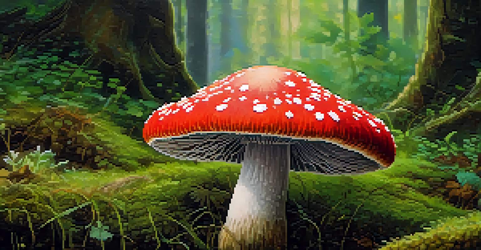 A vivid close-up of a colorful psychedelic mushroom on green moss in a detailed natural setting.