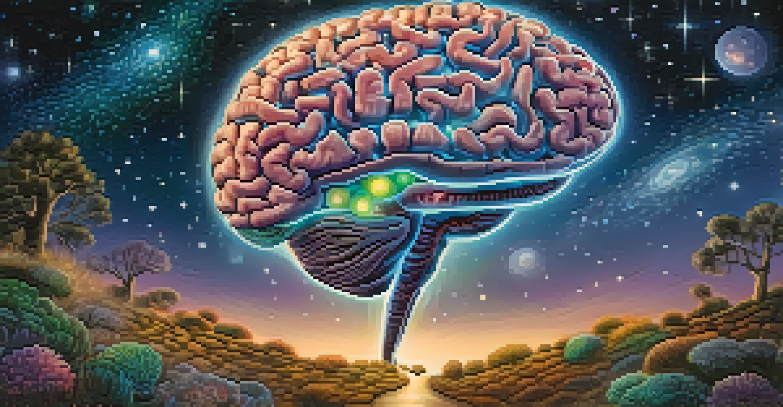 An artistic illustration of the connection between the brain and gut, with a glowing pathway and a starry night sky background.