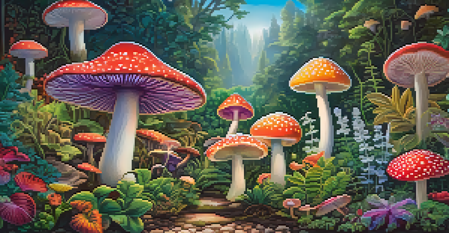 An enchanting garden scene with psychedelic mushrooms and colorful flowers, illuminated by a soft glow.