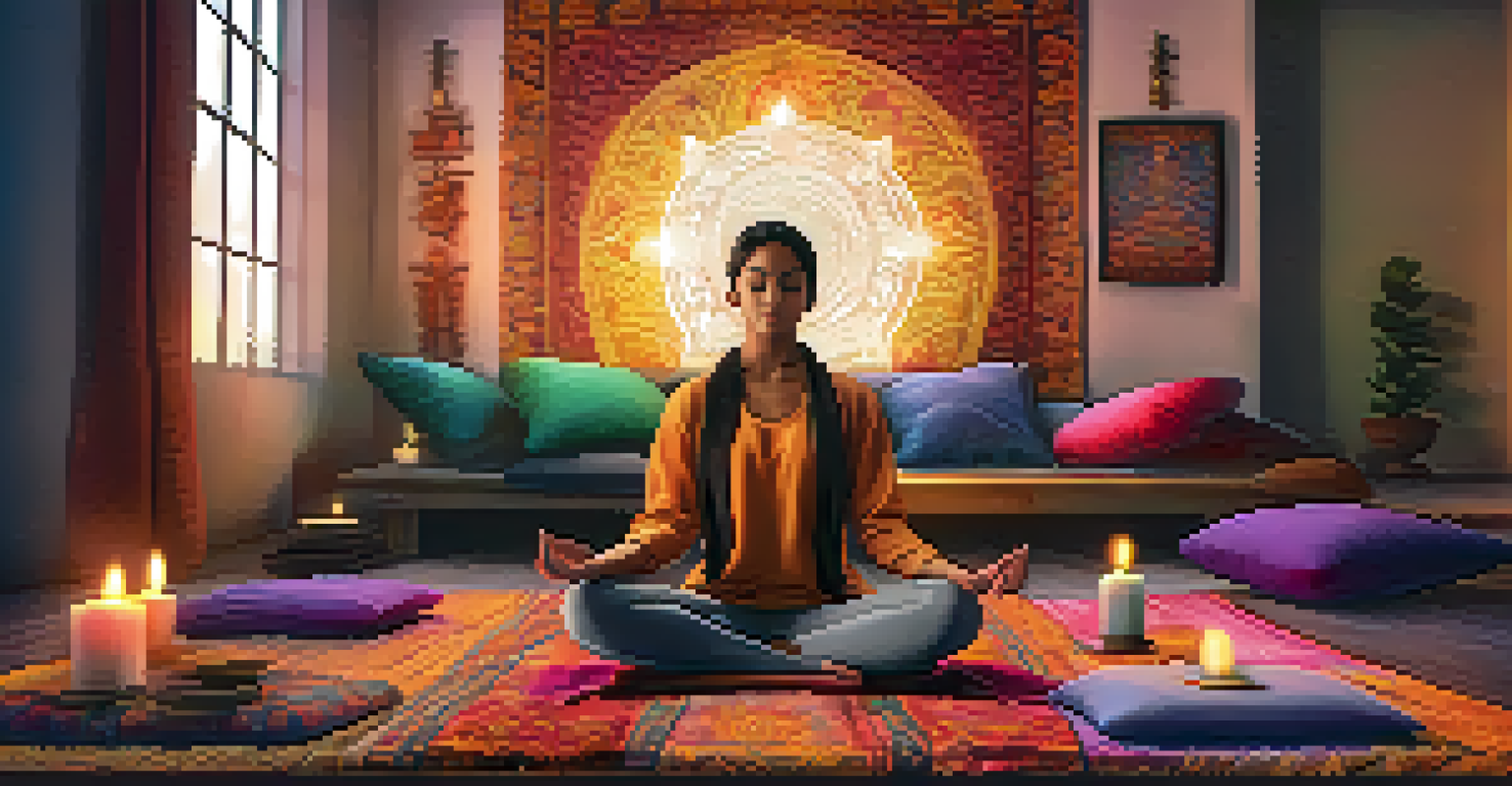 A person meditating on a yoga mat surrounded by candles and cushions in a colorful, tranquil room.