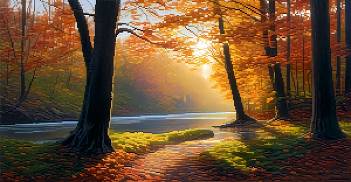 A tranquil forest scene with sunlight shining through trees, a pathway of autumn leaves, and a stream reflecting warm colors.