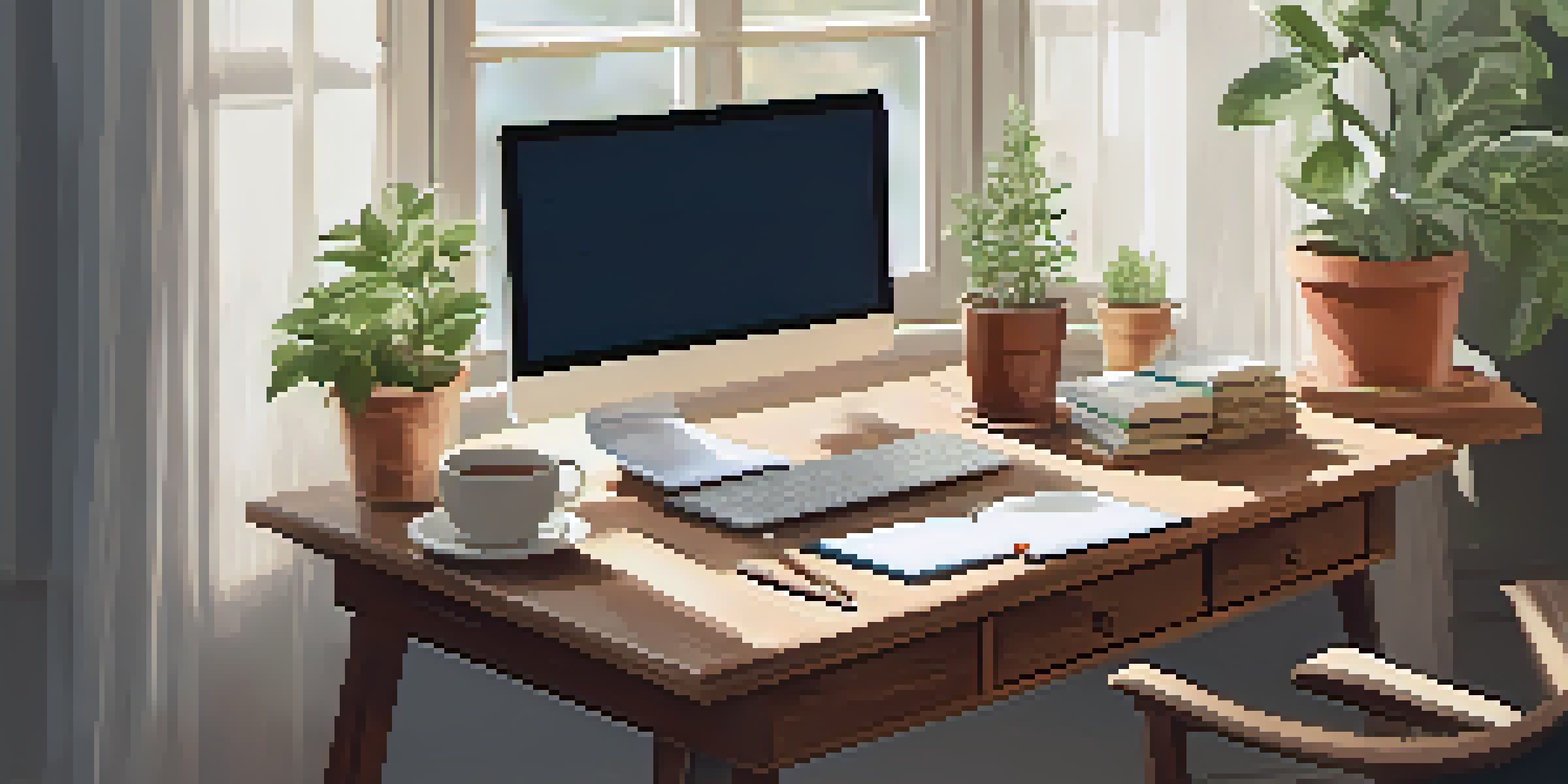 A cozy workspace with a wooden desk, an open notebook, a cup of herbal tea, and a potted plant, illuminated by soft morning light.
