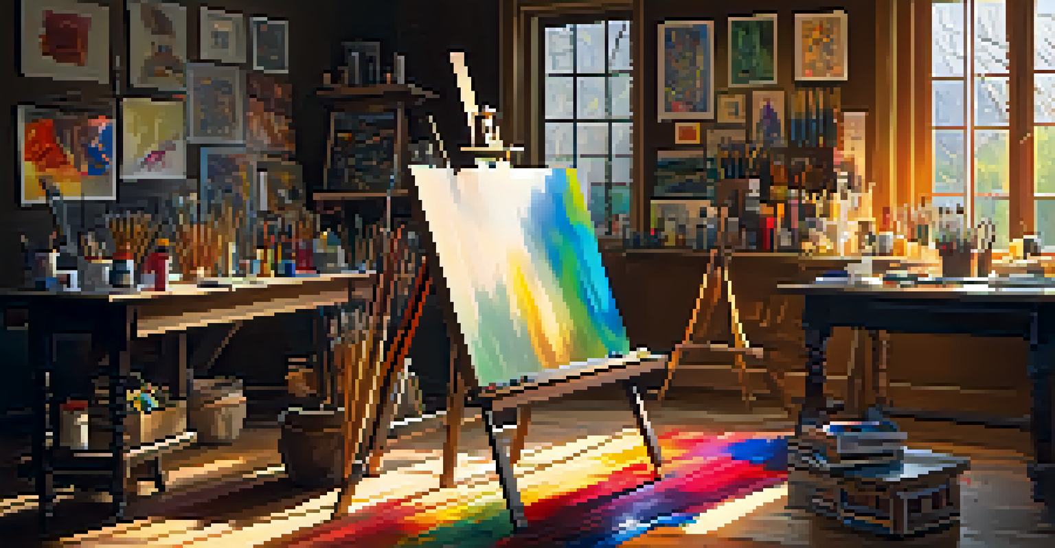 An artist's studio with warm lighting, canvases, and art supplies, creating an inviting and creative environment.