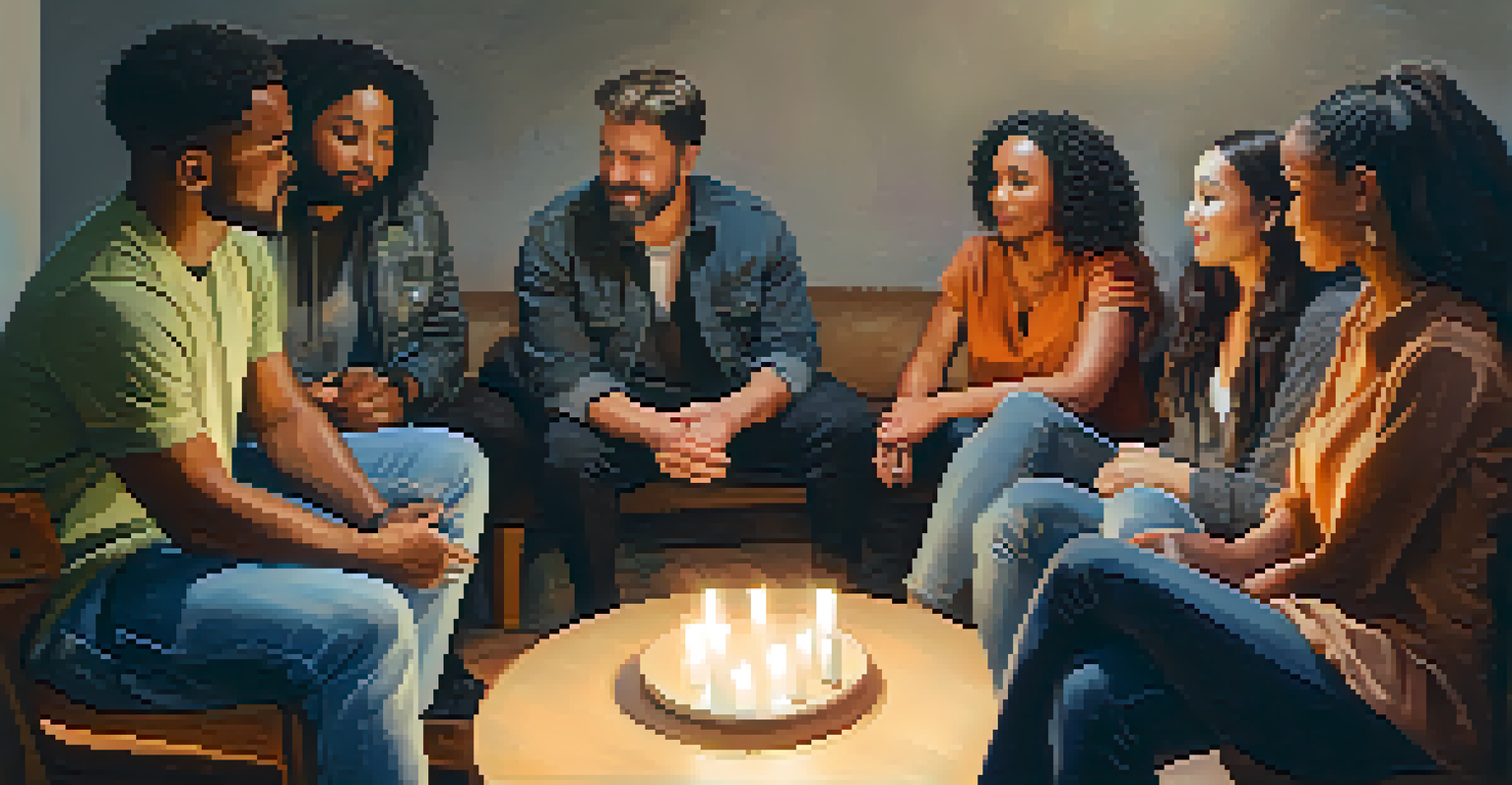 A group of diverse individuals sitting in a circle, sharing personal stories of recovery in a warm, inviting setting.