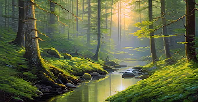 A peaceful forest at dawn with sunlight streaming through trees, a stream, and blooming wildflowers.