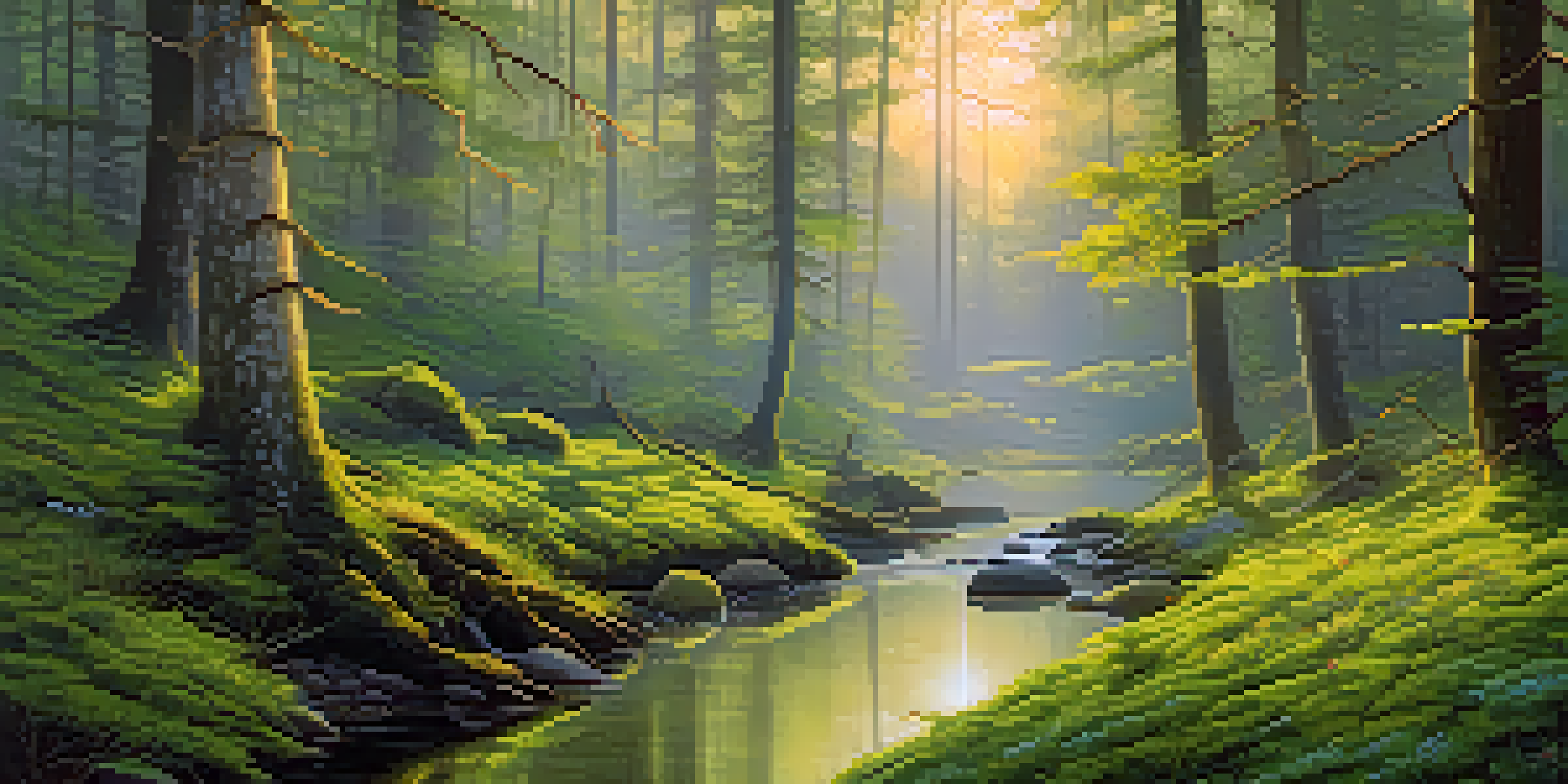 A peaceful forest at dawn with sunlight streaming through trees, a stream, and blooming wildflowers.