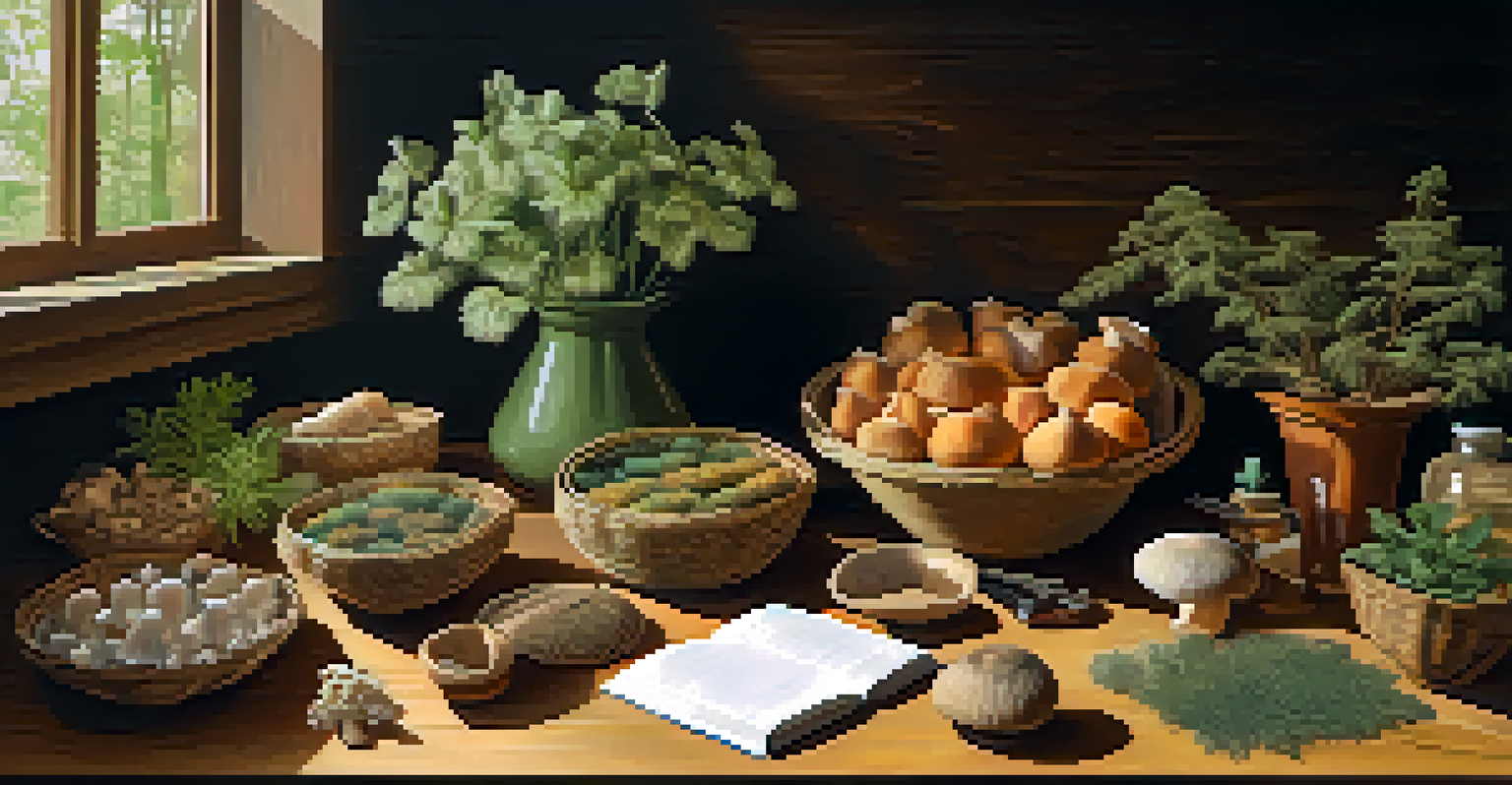A collection of harvested hallucinogenic plants on a wooden table, with mushrooms, baskets, and a notebook under natural sunlight.