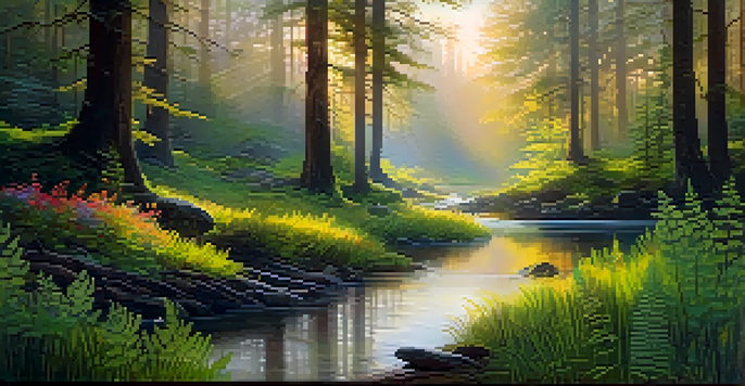 A peaceful forest with mist, sunlight filtering through trees, and a stream reflecting the sunrise.