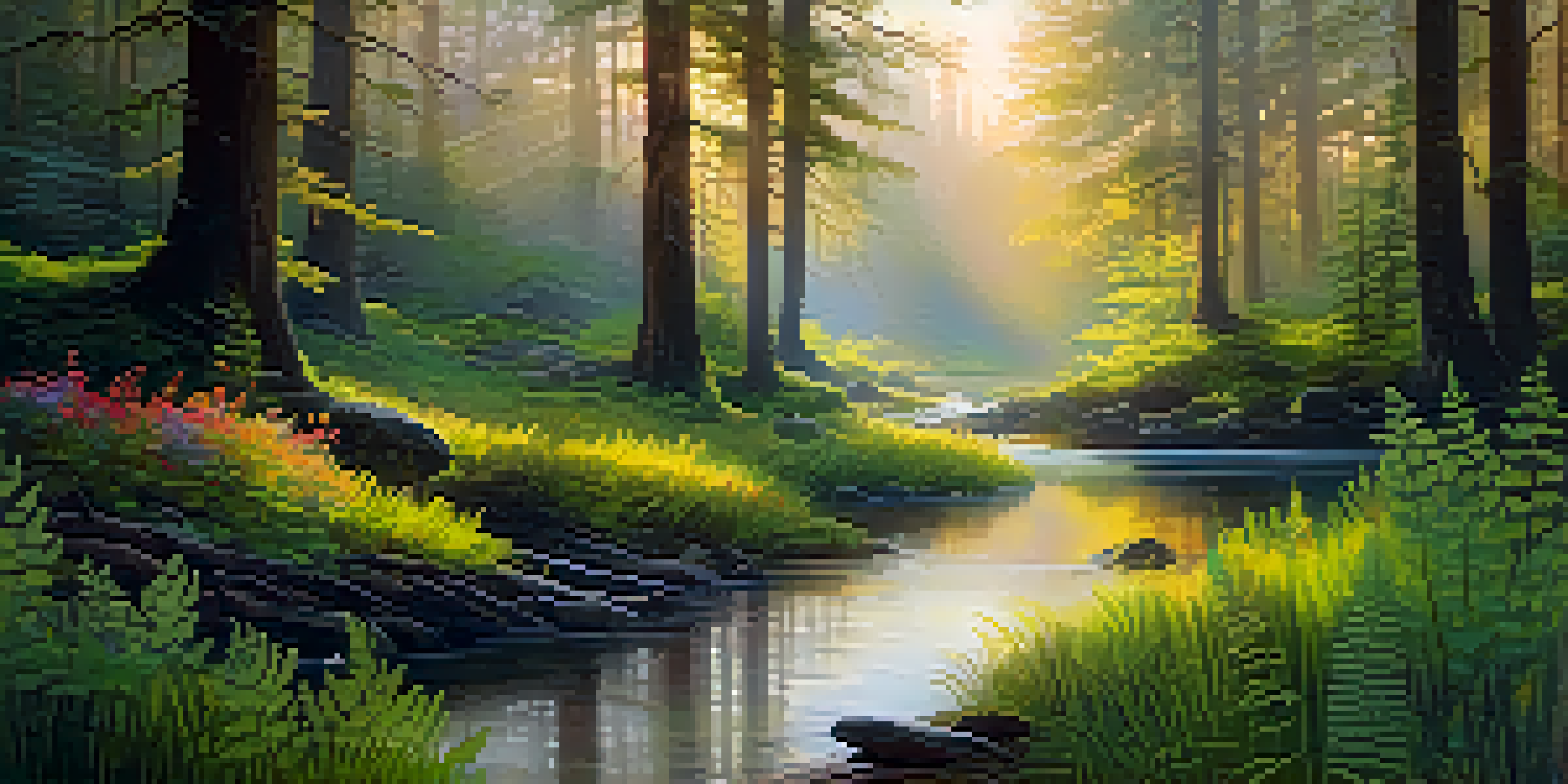 A peaceful forest with mist, sunlight filtering through trees, and a stream reflecting the sunrise.