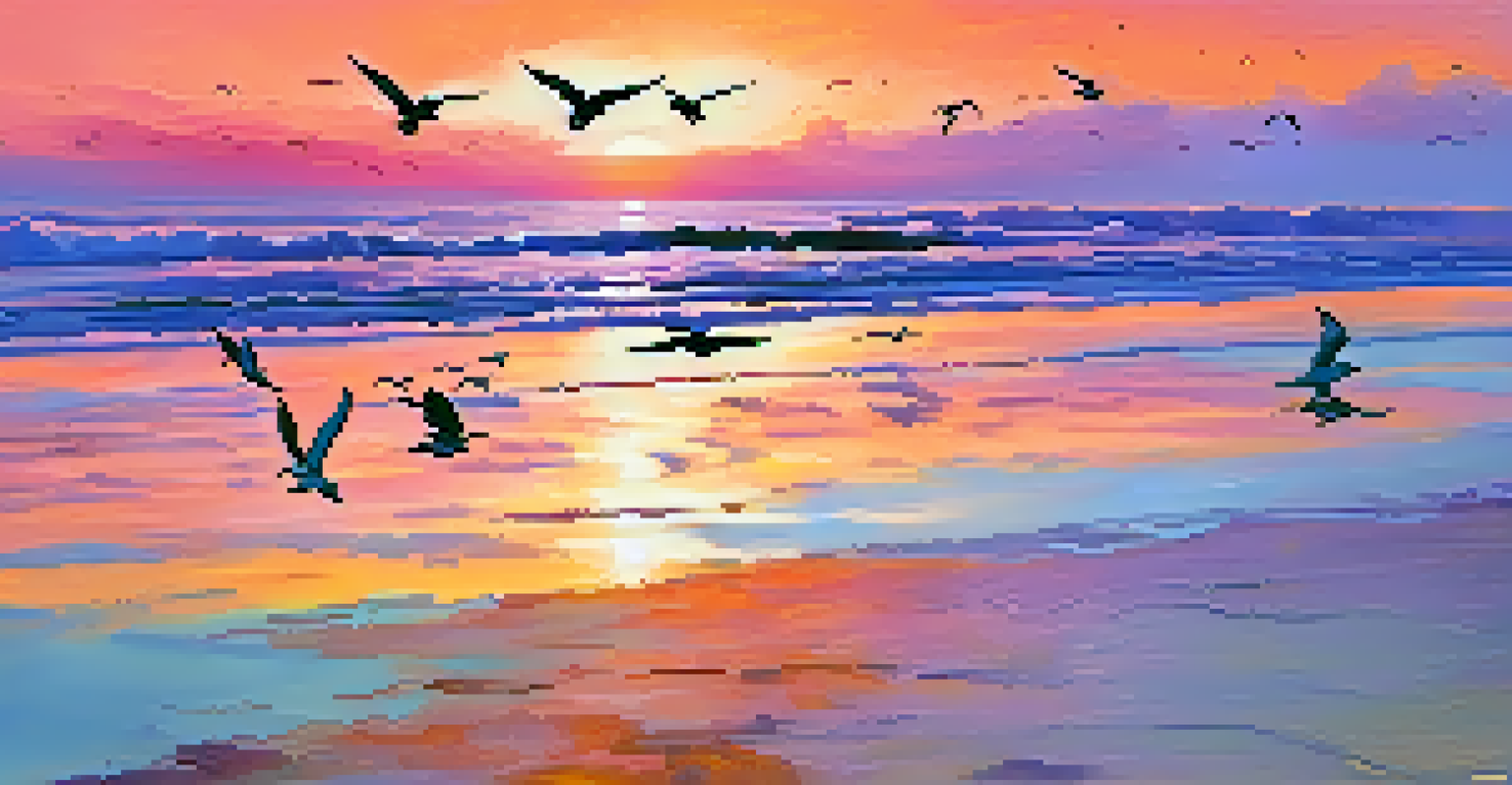 A stunning ocean view at sunset with orange, pink, and purple hues reflecting on the water, and silhouetted seagulls flying over the horizon.