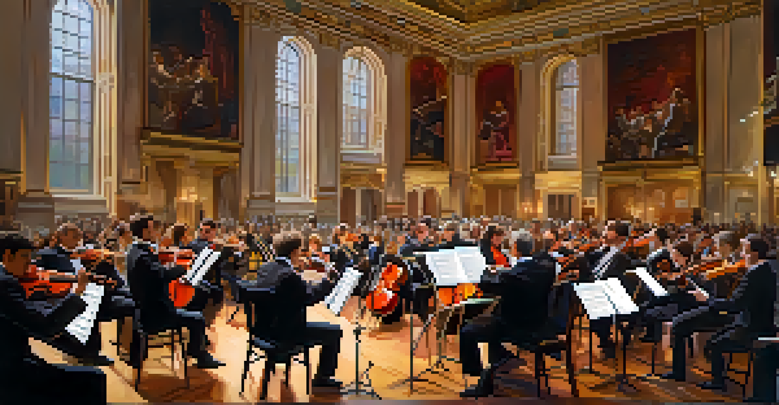 A classical music concert in a grand hall, with musicians performing and colorful notes flowing around, illustrating the emotional depth of the experience.