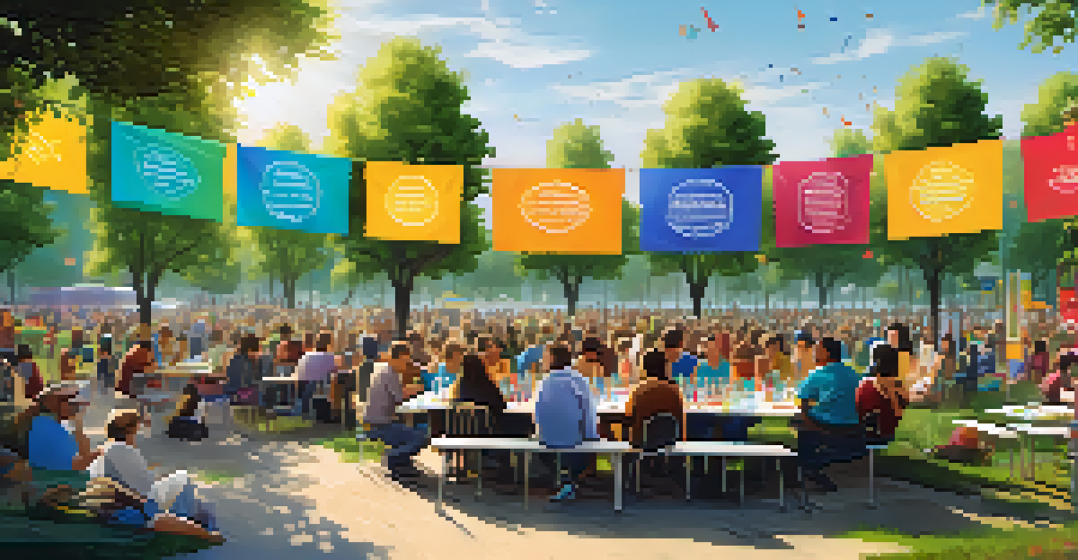 An urban park community gathering with diverse individuals participating in a workshop about hallucinogens, featuring colorful banners and educational materials.