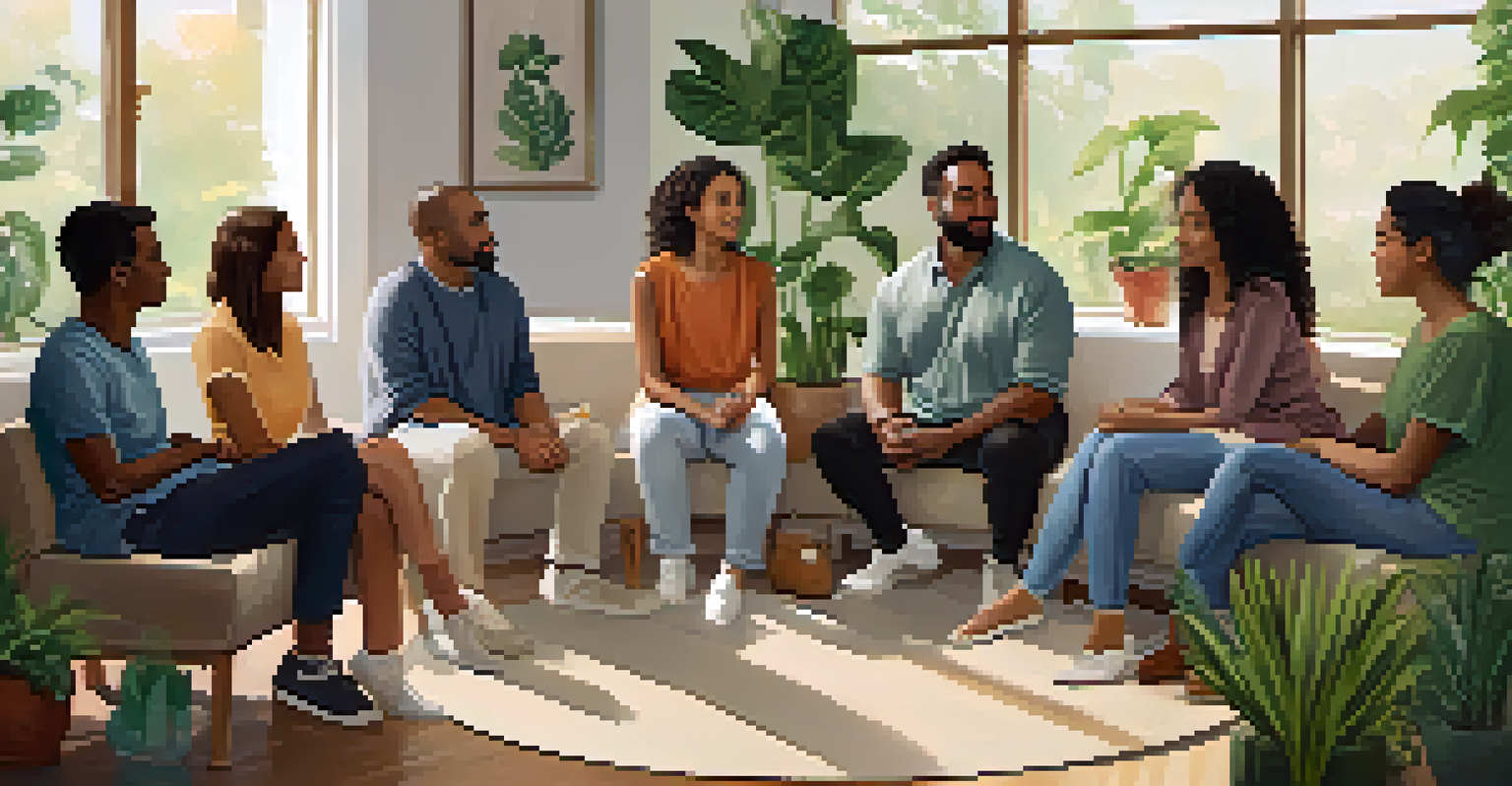 A diverse group of people in a circle talking during a support group session, surrounded by plants and natural light.