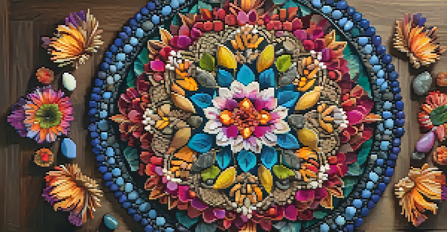 A colorful mandala made from natural elements, displayed on a wooden surface with soft lighting.