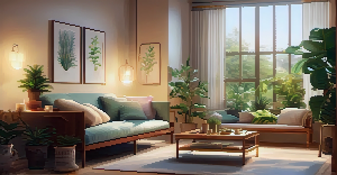 A cozy therapy room with soft lighting, a comfortable couch, plants, and calming artwork, designed for introspective sessions.