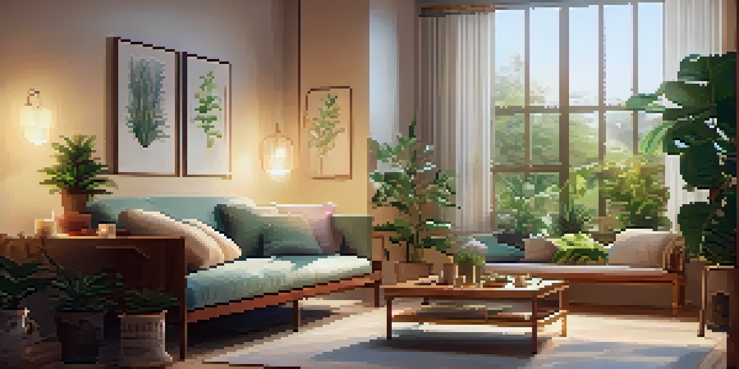 A cozy therapy room with soft lighting, a comfortable couch, plants, and calming artwork, designed for introspective sessions.