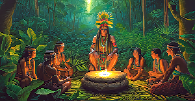 An Amazonian jungle at twilight during an Ayahuasca ceremony with a shaman and participants, illuminated by candlelight.