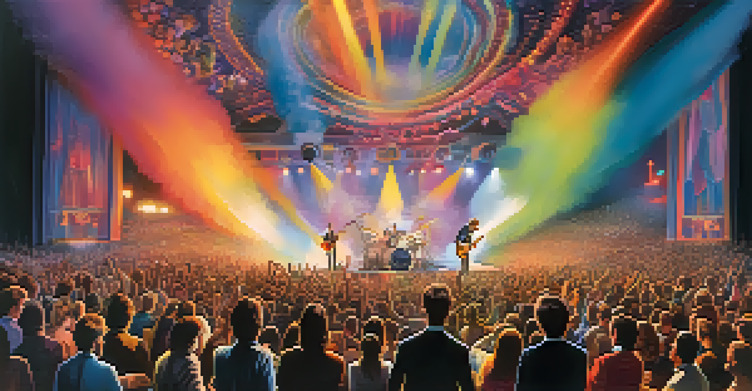 A dreamlike concert scene with a band performing on stage, surrounded by colorful lights and a captivated audience.
