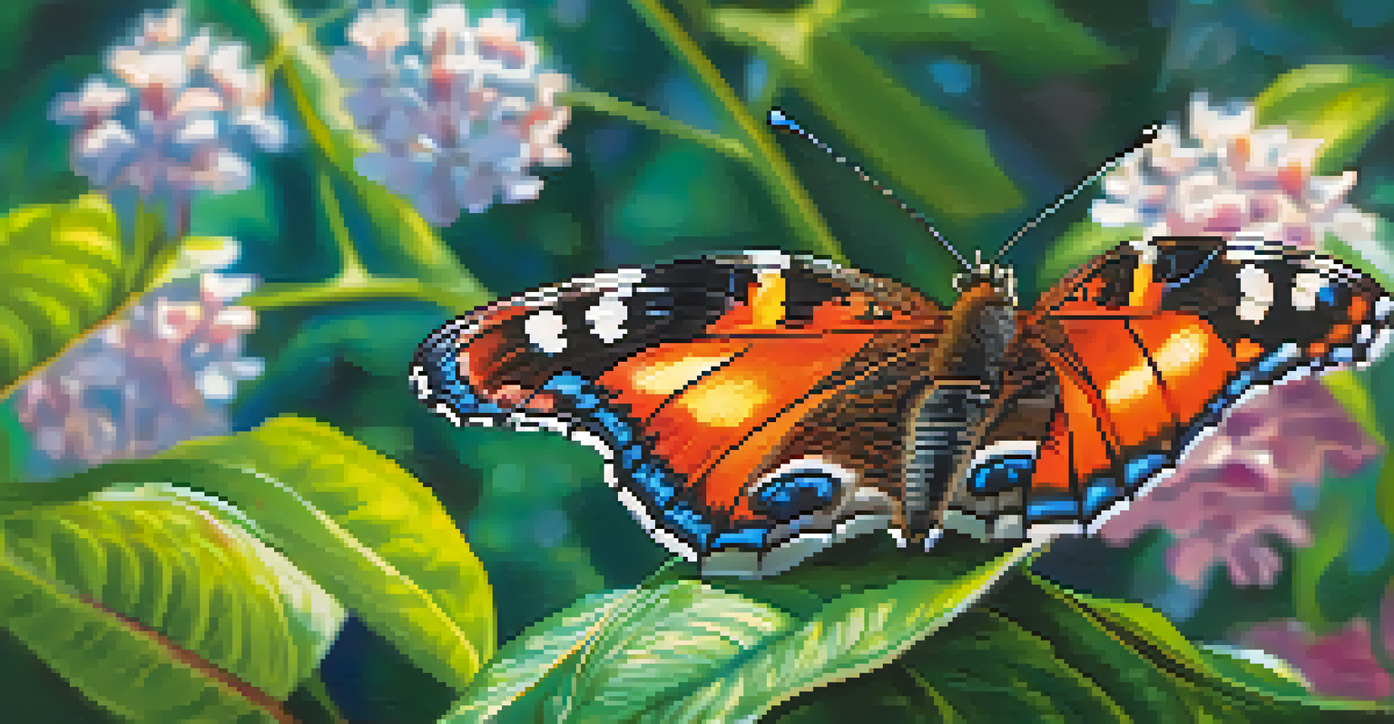 A close-up of a colorful butterfly on a leaf, with intricate wing patterns and a blurred garden background.