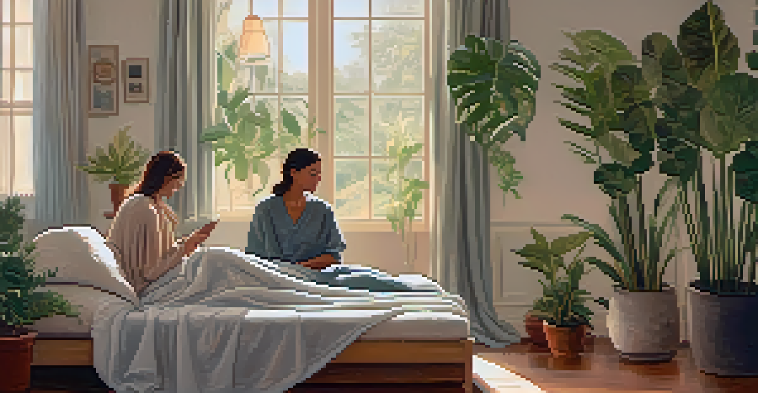 A therapy session with a therapist guiding a client in a softly lit room filled with plants and calming decor.