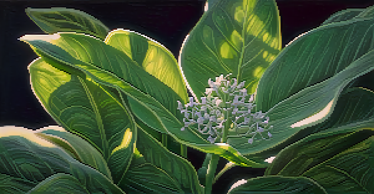A detailed close-up of a DMT-containing plant with rich green leaves and delicate flowers, softly lit.