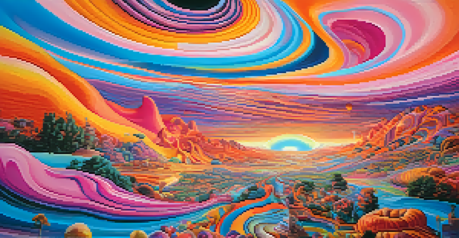 An abstract, vibrant landscape representing a psychedelic experience with swirling colors and shapes.
