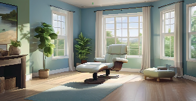 A cozy therapy room with soft lighting, a reclining chair, and a view of nature outside the window, decorated with plants and calming artwork.
