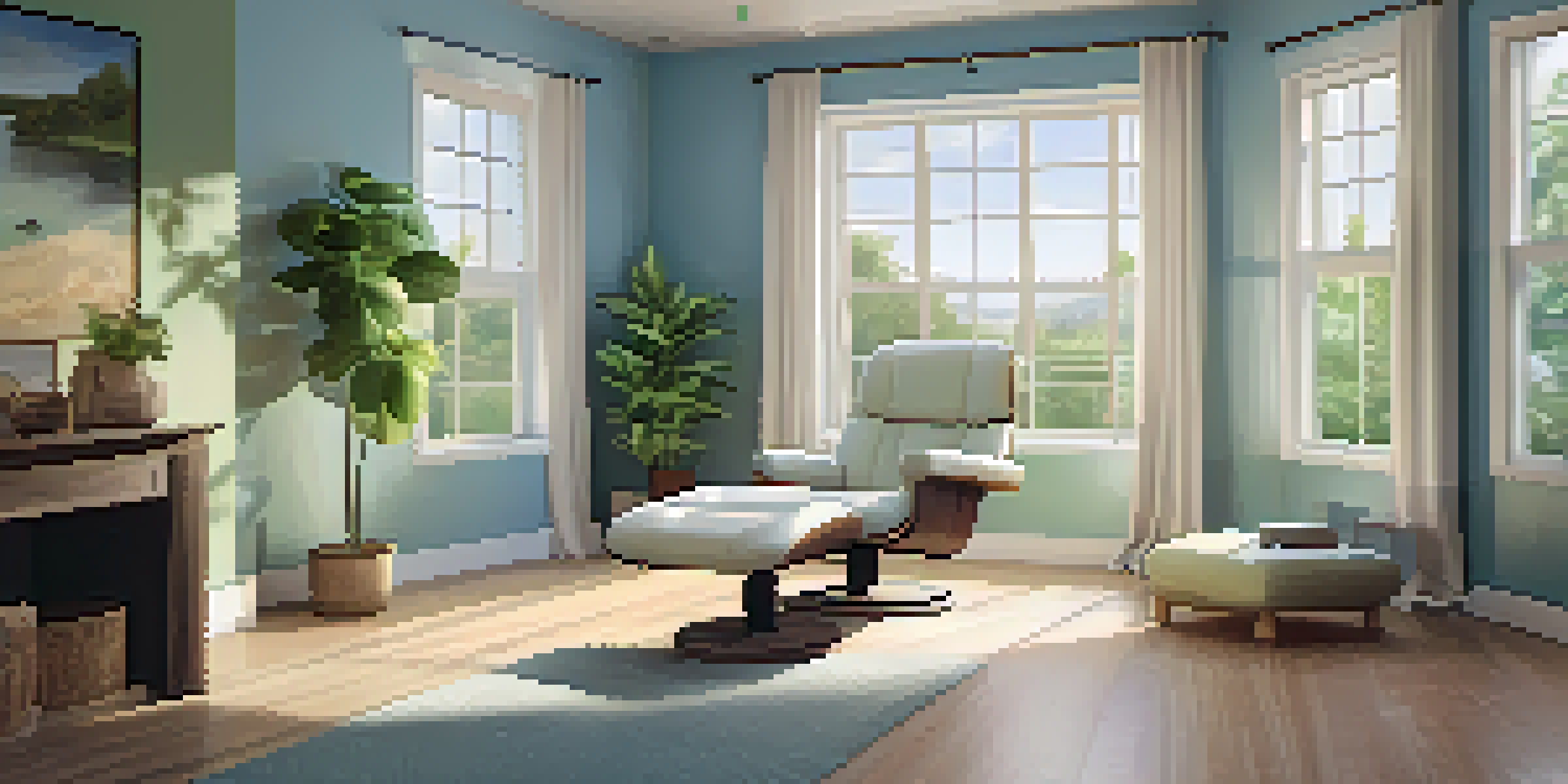 A cozy therapy room with soft lighting, a reclining chair, and a view of nature outside the window, decorated with plants and calming artwork.