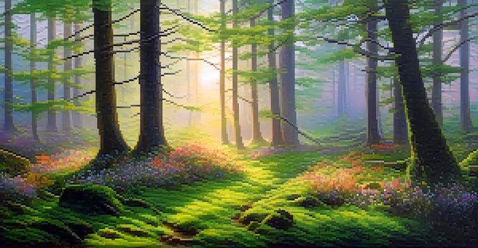 A peaceful forest at dawn with sunlight filtering through trees and colorful wildflowers.