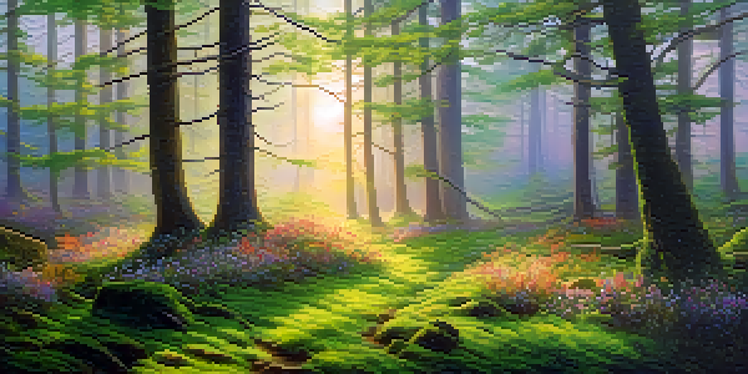A peaceful forest at dawn with sunlight filtering through trees and colorful wildflowers.