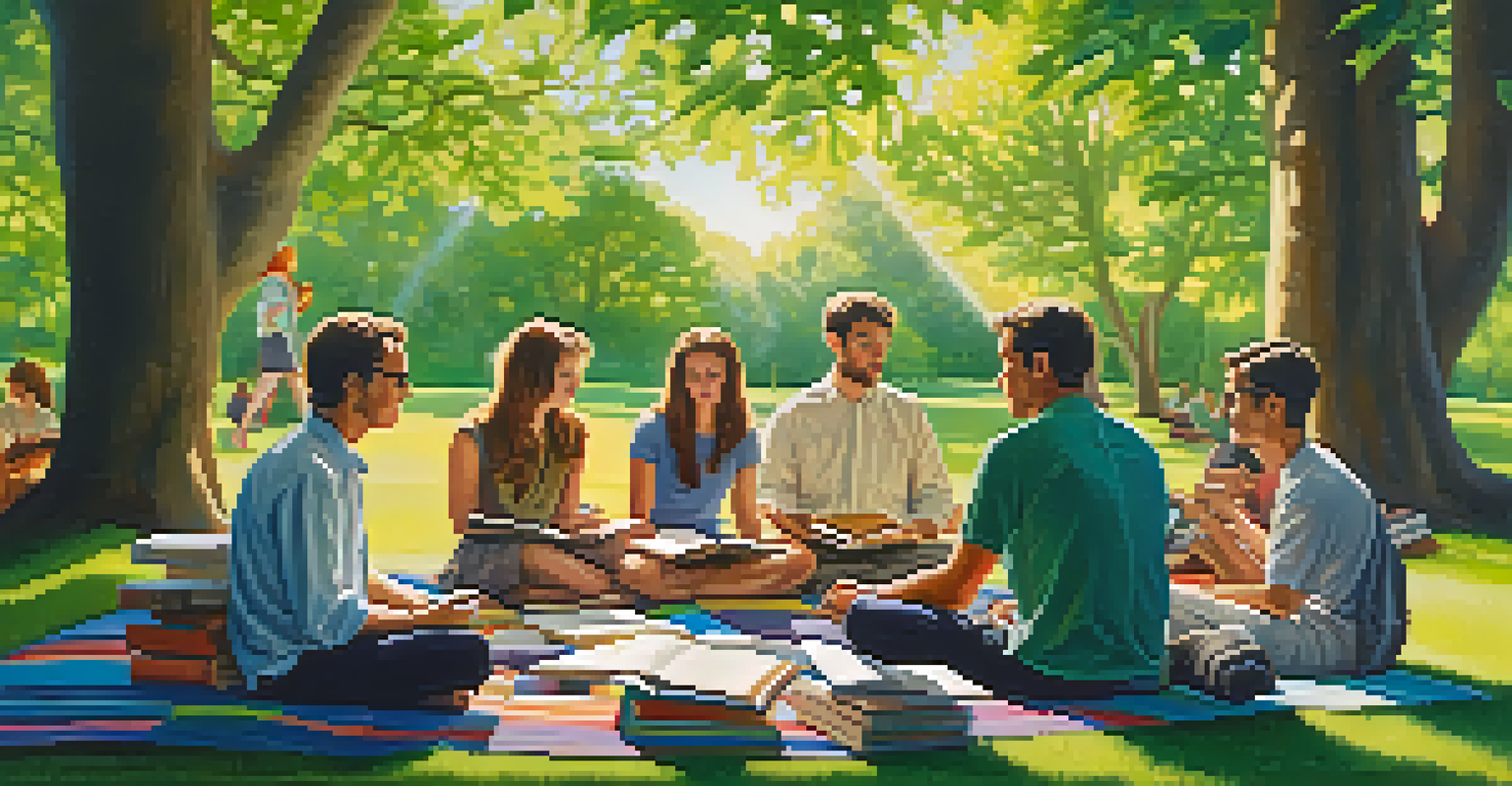 A serene outdoor gathering in a park with people meditating, discussing literature, and surrounded by colorful blankets and open books.