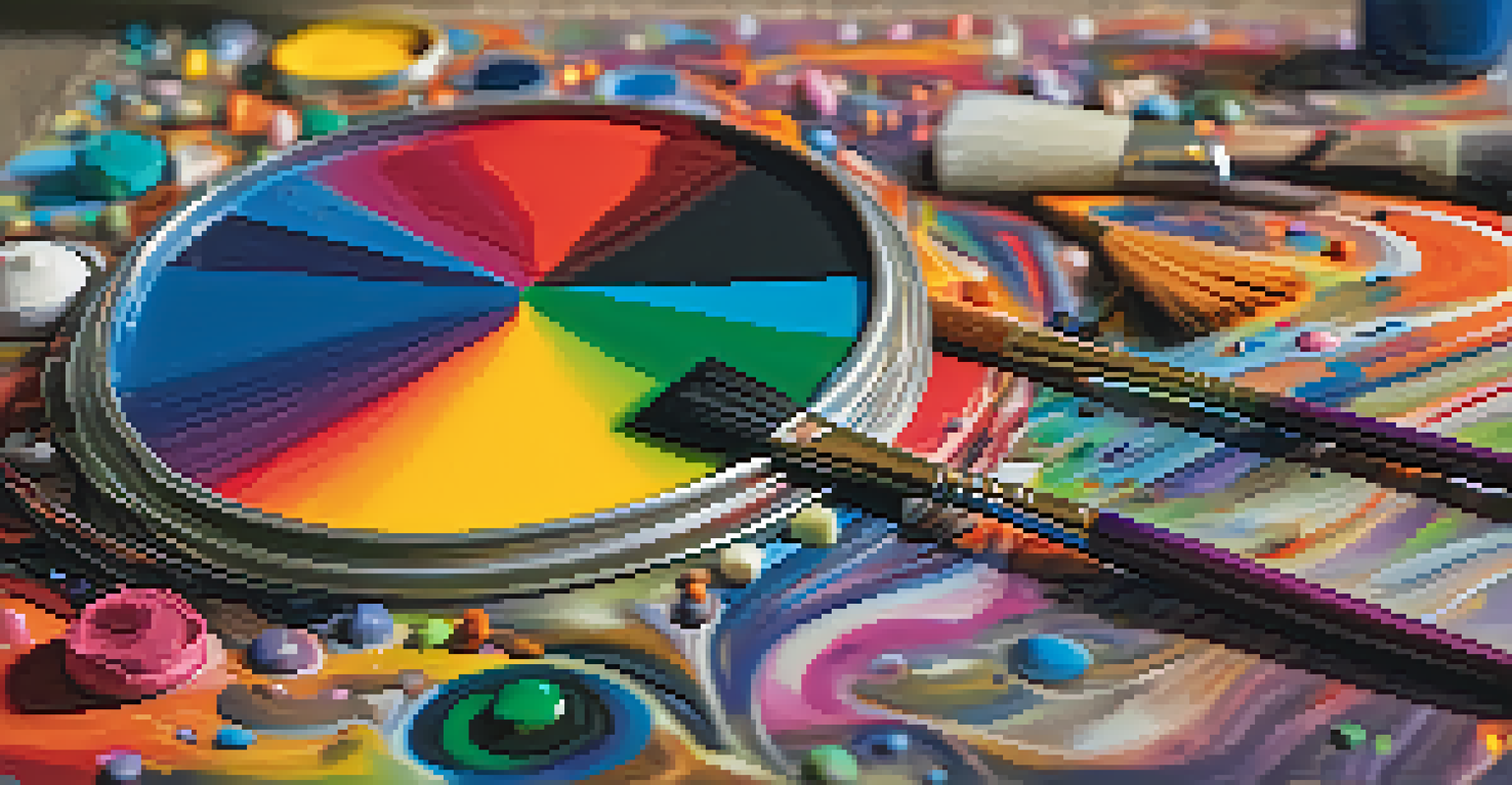 An artist's palette filled with vibrant paint colors and brushes, with an abstract psychedelic painting in the background.