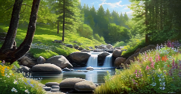 A peaceful forest landscape with sunlight filtering through trees, a gentle stream, and colorful wildflowers.