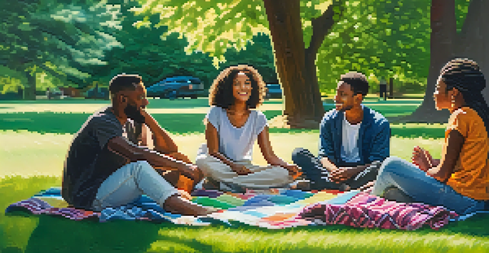 A diverse group of friends sitting in a circle on a green lawn, engaged in deep conversation with warm sunlight filtering through trees.