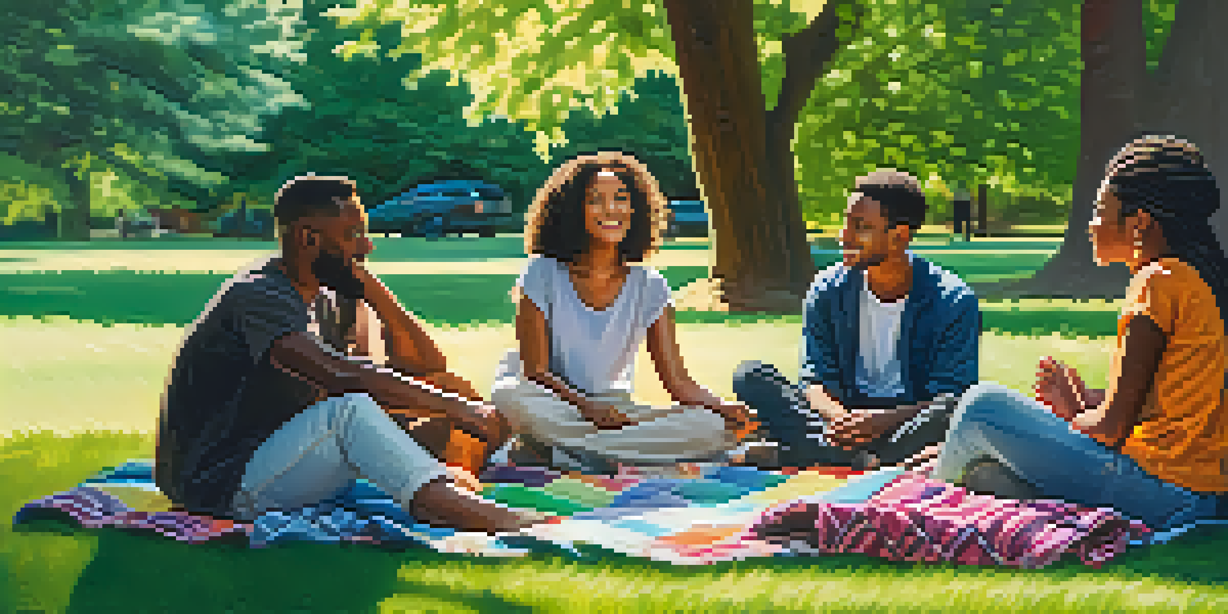 A diverse group of friends sitting in a circle on a green lawn, engaged in deep conversation with warm sunlight filtering through trees.