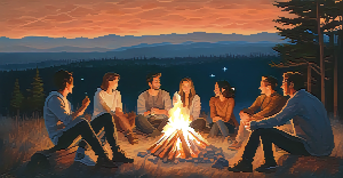 A group of friends around a campfire at dusk, sharing stories with a warm glow from the fire.