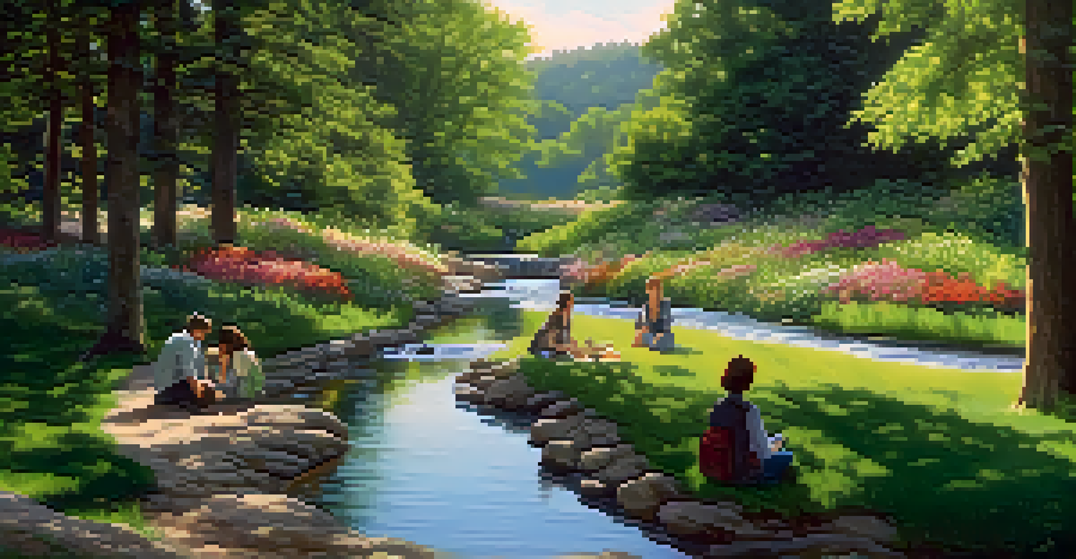 A group of people discussing in a lush green landscape with a stream and colorful flowers.