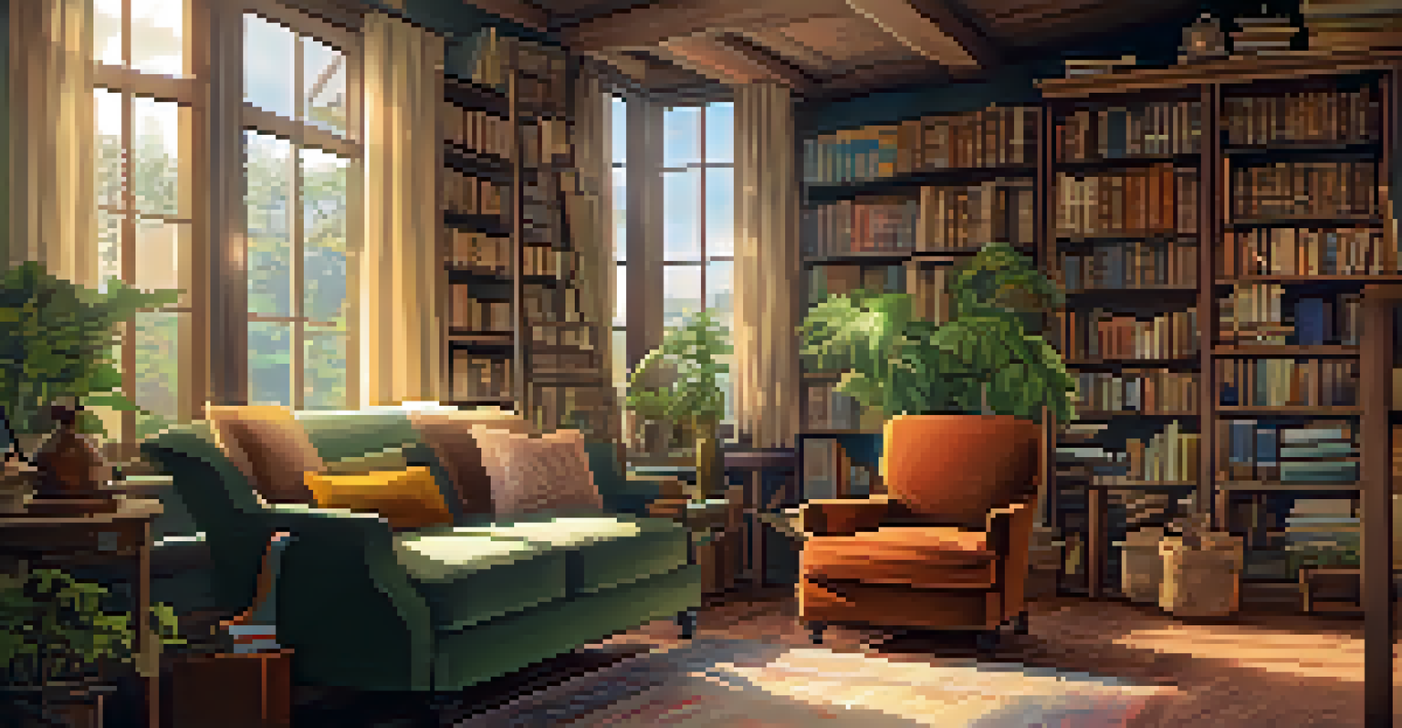 A person journaling in a cozy room filled with books, plants, and warm lighting, creating an inviting atmosphere.