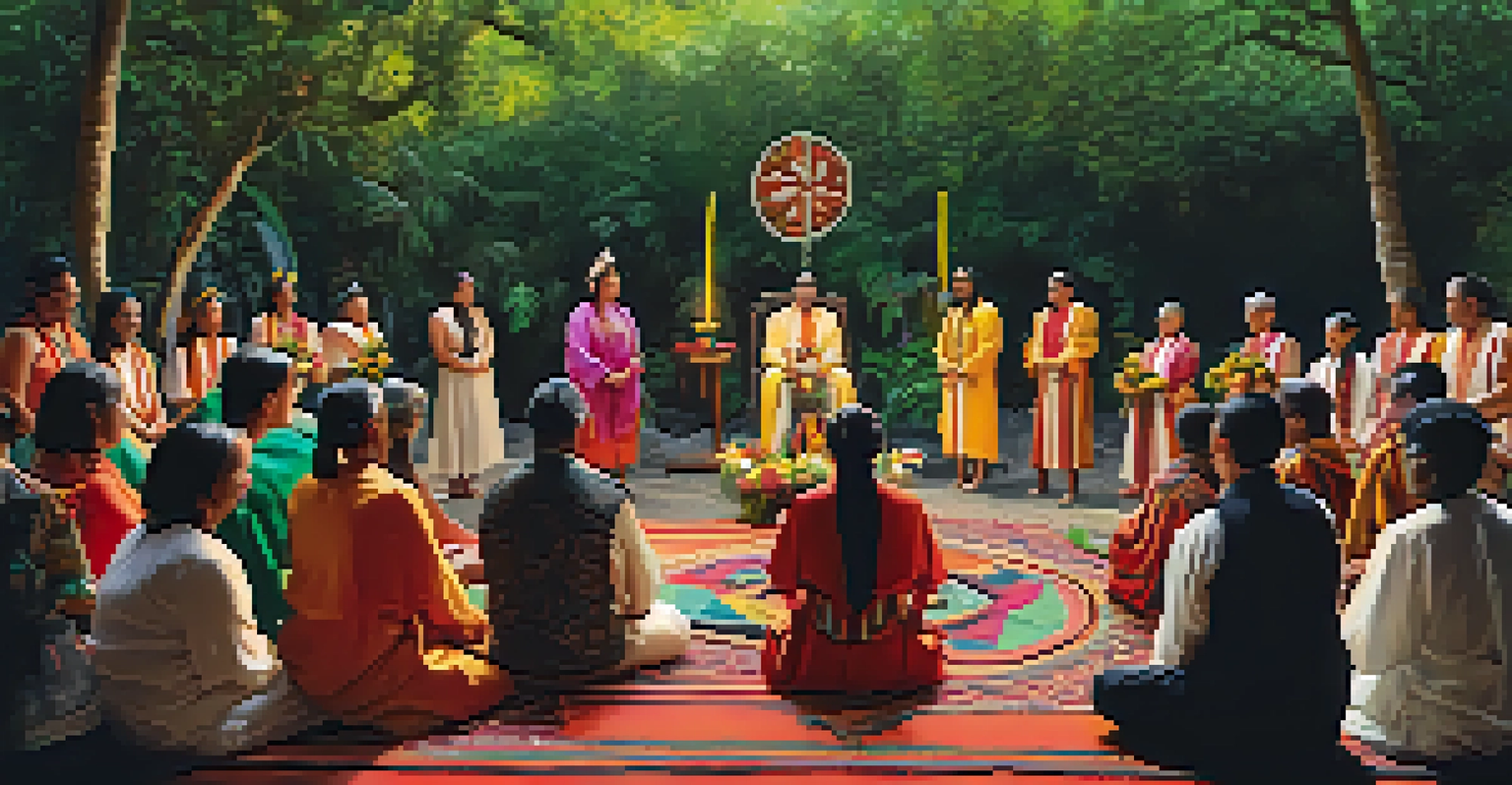 A group of people participating in a San Pedro ceremony in a natural setting, guided by a shaman.