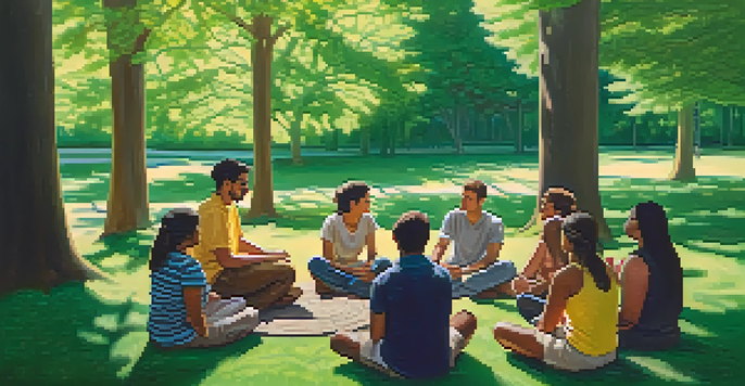 A diverse group of people in a park, sitting in a circle and engaging in conversation about hallucinogens, surrounded by trees and greenery.