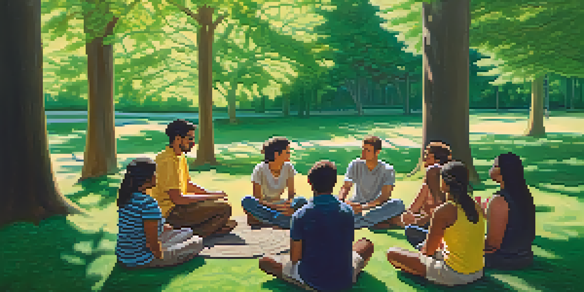 A diverse group of people in a park, sitting in a circle and engaging in conversation about hallucinogens, surrounded by trees and greenery.