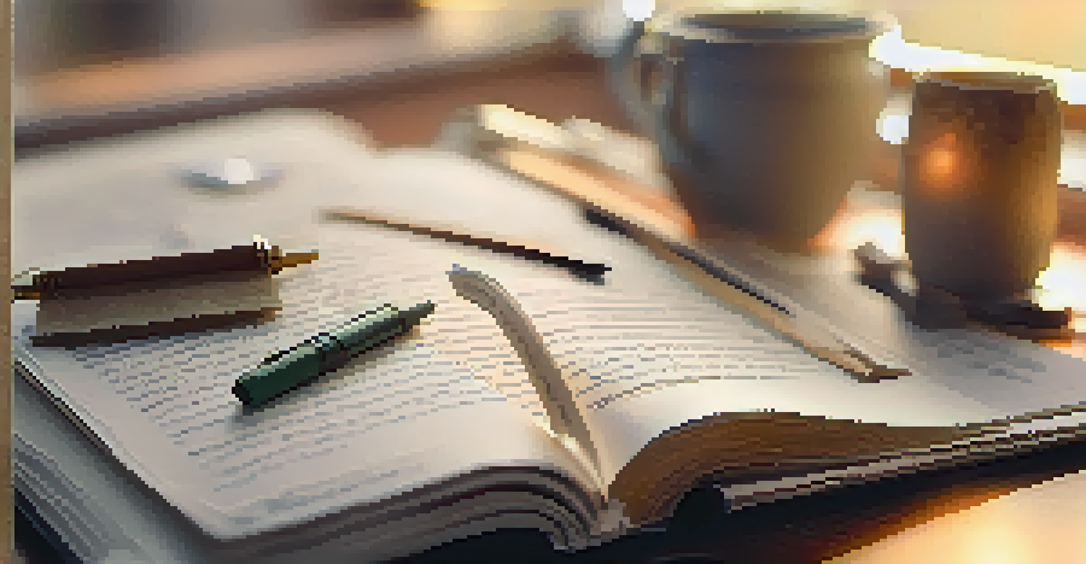 A close-up of an open journal with handwritten notes and sketches, a cup of tea and a candle in the background.