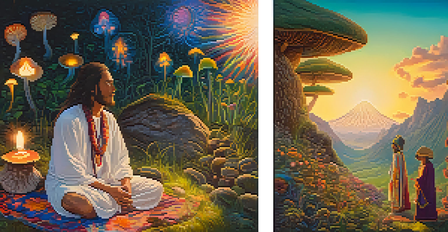 A split image showing an Ayahuasca ceremony on the left and a vibrant meadow with psilocybin mushroom users on the right.