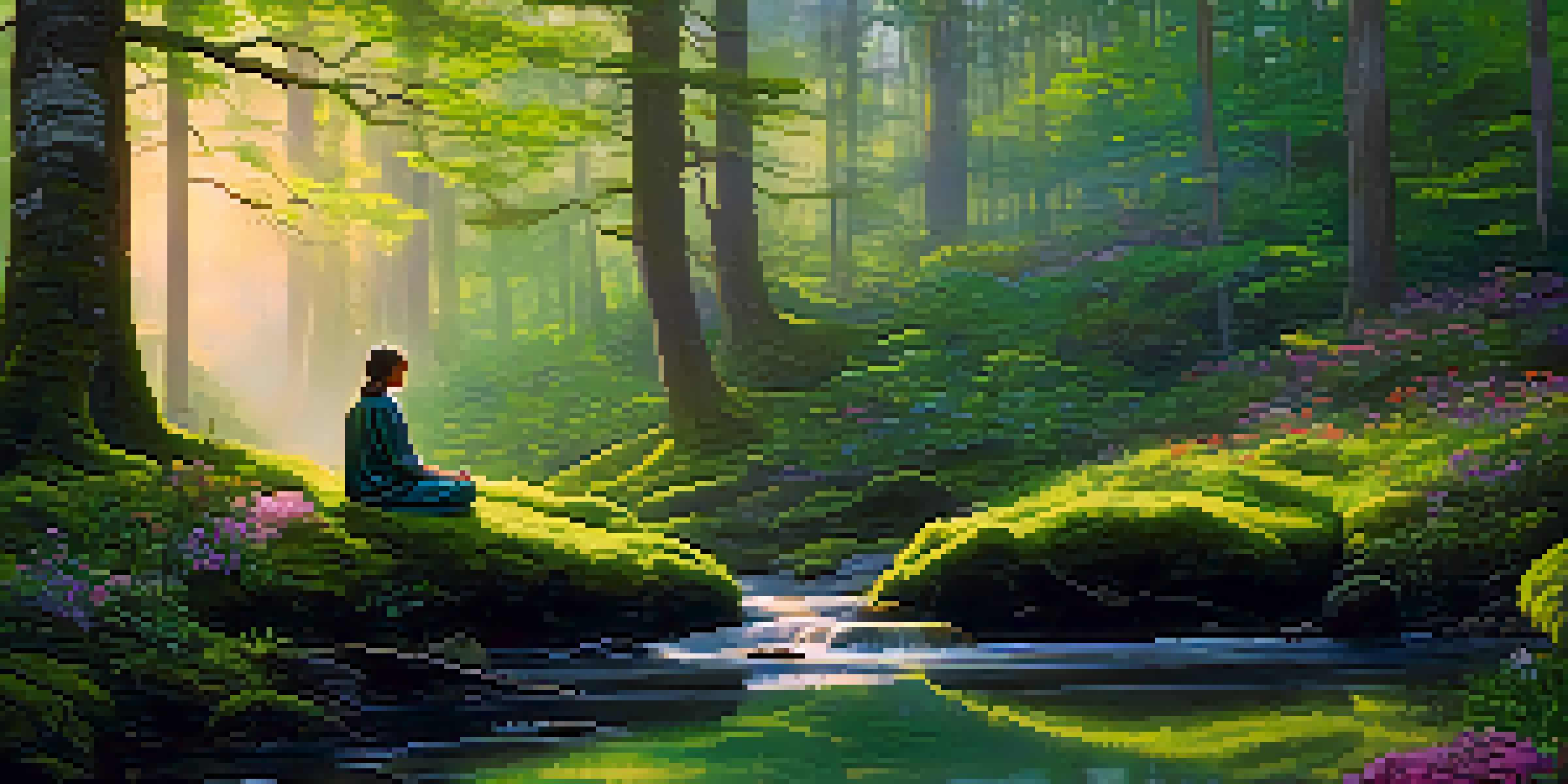 A person meditating in a peaceful forest during dawn, surrounded by trees and wildflowers.