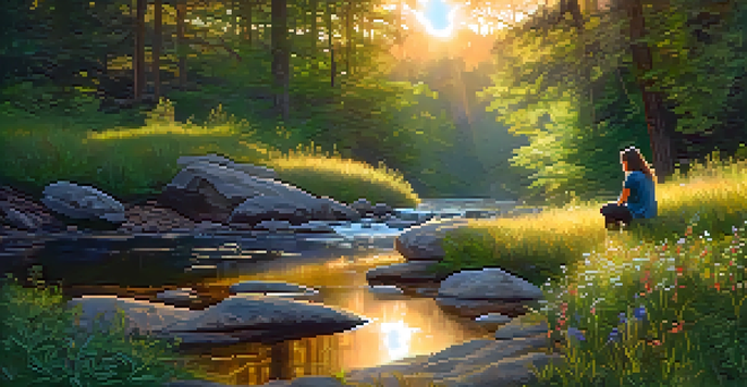 A peaceful forest scene with sunlight filtering through the trees, a person sitting on a rock by a stream, surrounded by wildflowers.
